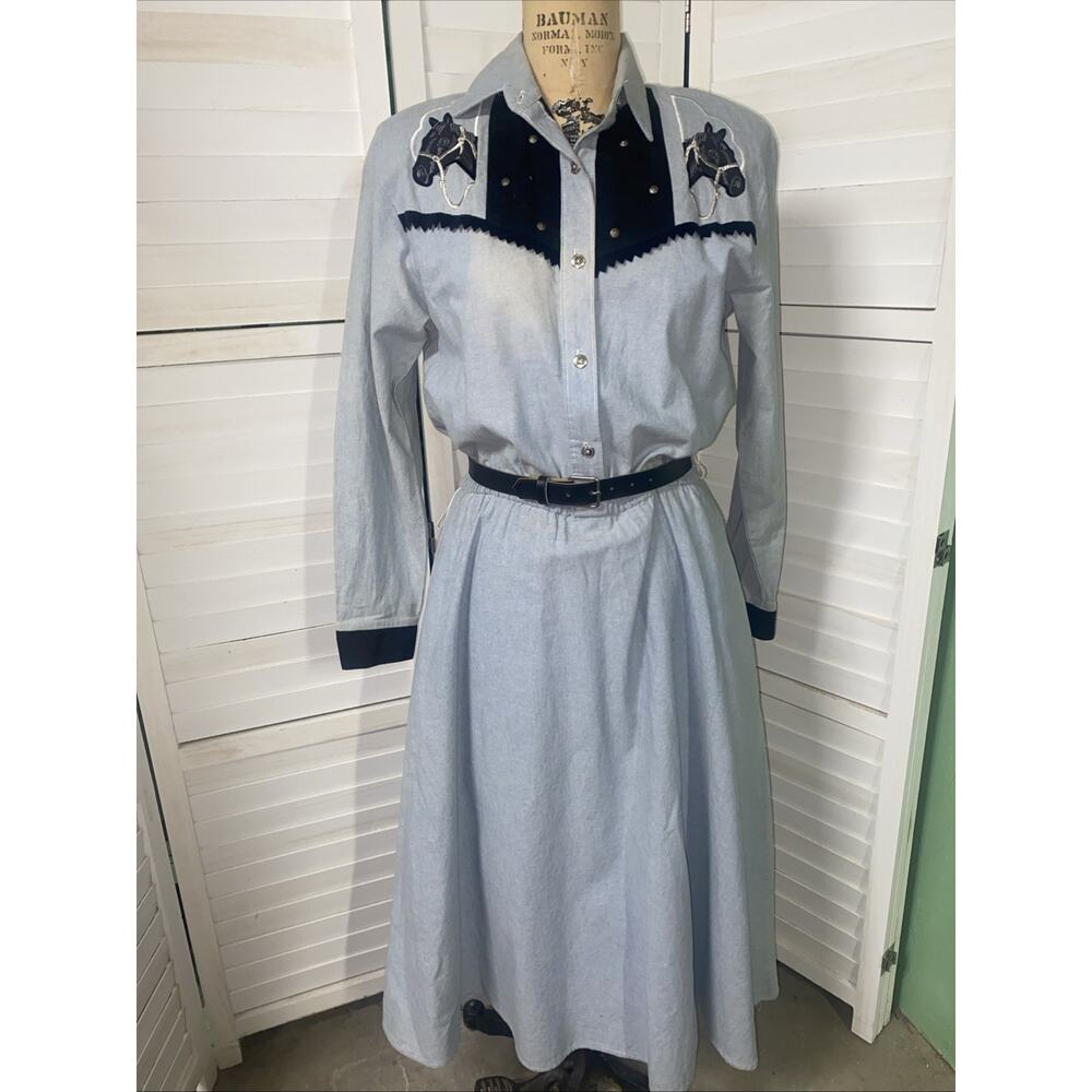 80s 90s Wildfire Western Cowgirl Maxi Shirt Fit Flare Dress Equestrian Small